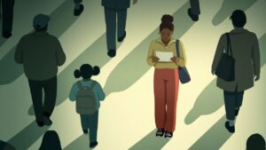 Temporary Protected Status Gone, a Haitian Woman Disappears Into Stack of immigration and identity documents on a desk