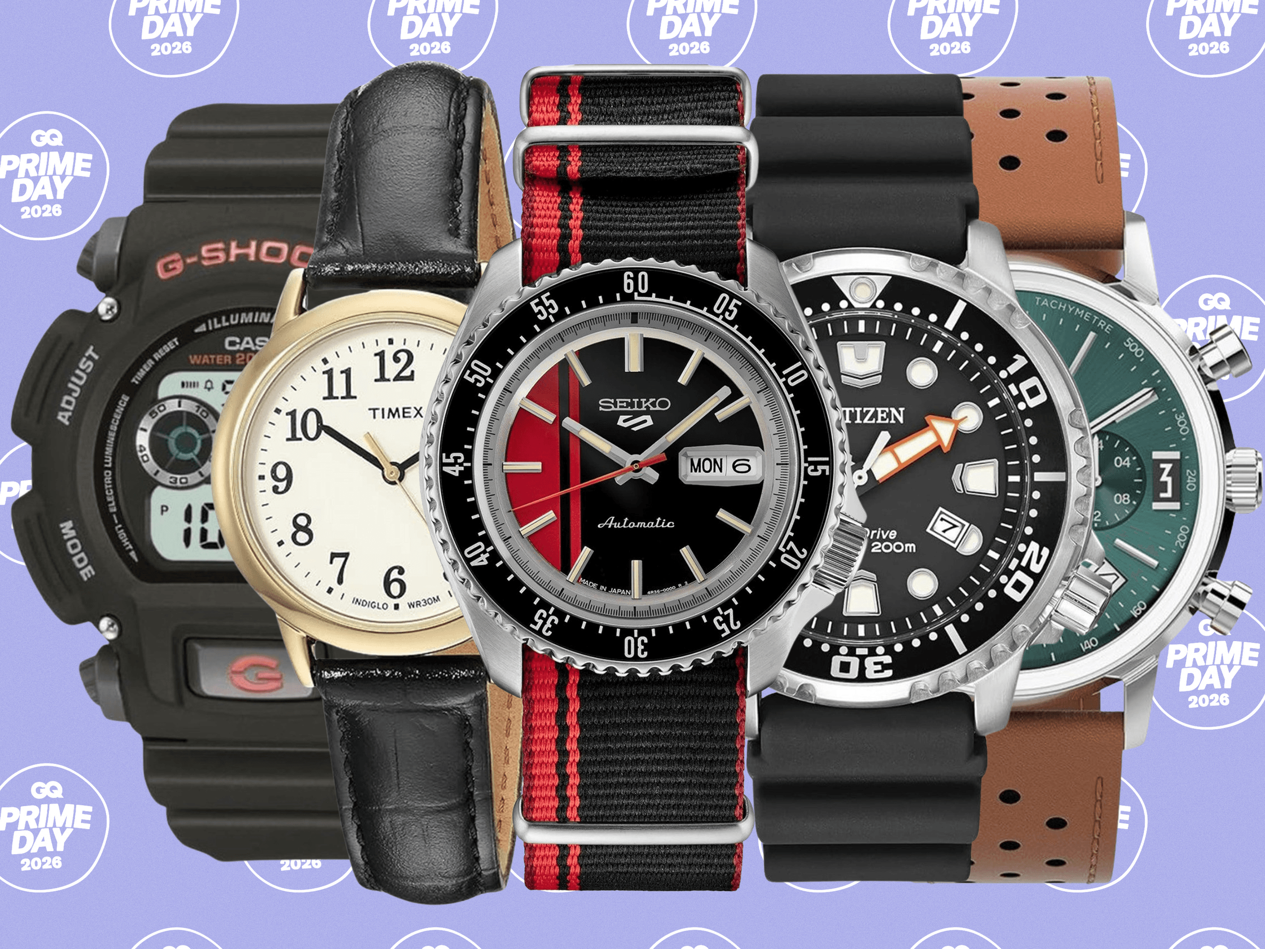 Multiple watches displayed on a wooden shelf in a retail setting